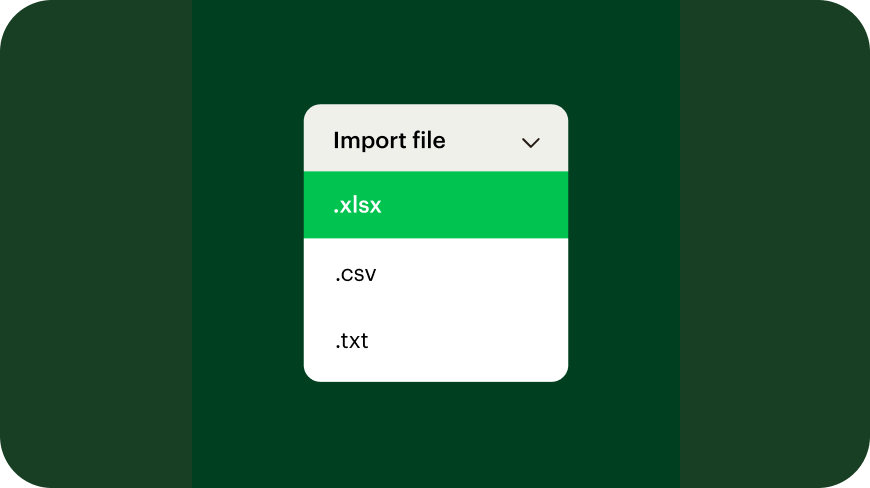A dropdown menu for Import File, depicting three options for file formats: .xlsx, .csv, and .txt. .xlsx, a Microsoft Excel format, is highlighted.