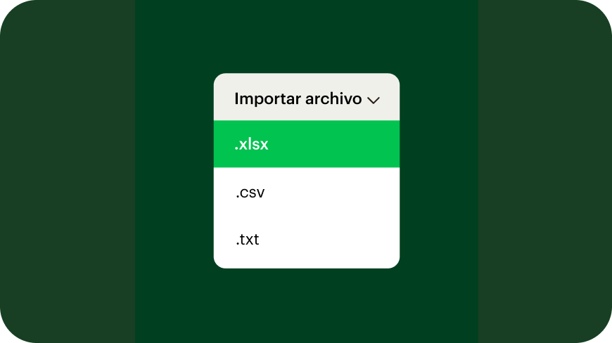 Un menú desplegable para Importar archivo, que muestra tres opciones de formatos de archivo: .xlsx, .csv y .txt. Se resalta ".xlsx", formato de Microsoft Excel.