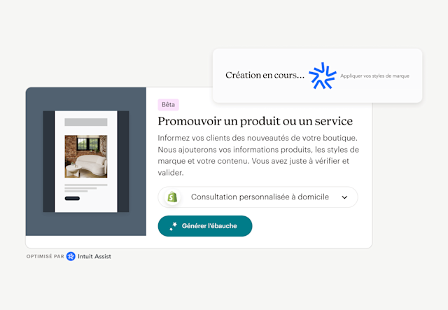 Barre d'invite Intuit Assist indiquant « Création en cours... application de vos styles de marque », au-dessus d'une interface utilisateur indiquant « (Bêta) Promotion d'un produit ou d'un service : informez vos clients des nouveautés de votre boutique. Nous ajouterons vos informations produits, les styles de marque et votre contenu. Vous avez juste à vérifier et valider ». Un bouton sous le texte indique « Générer l'ébauche ».