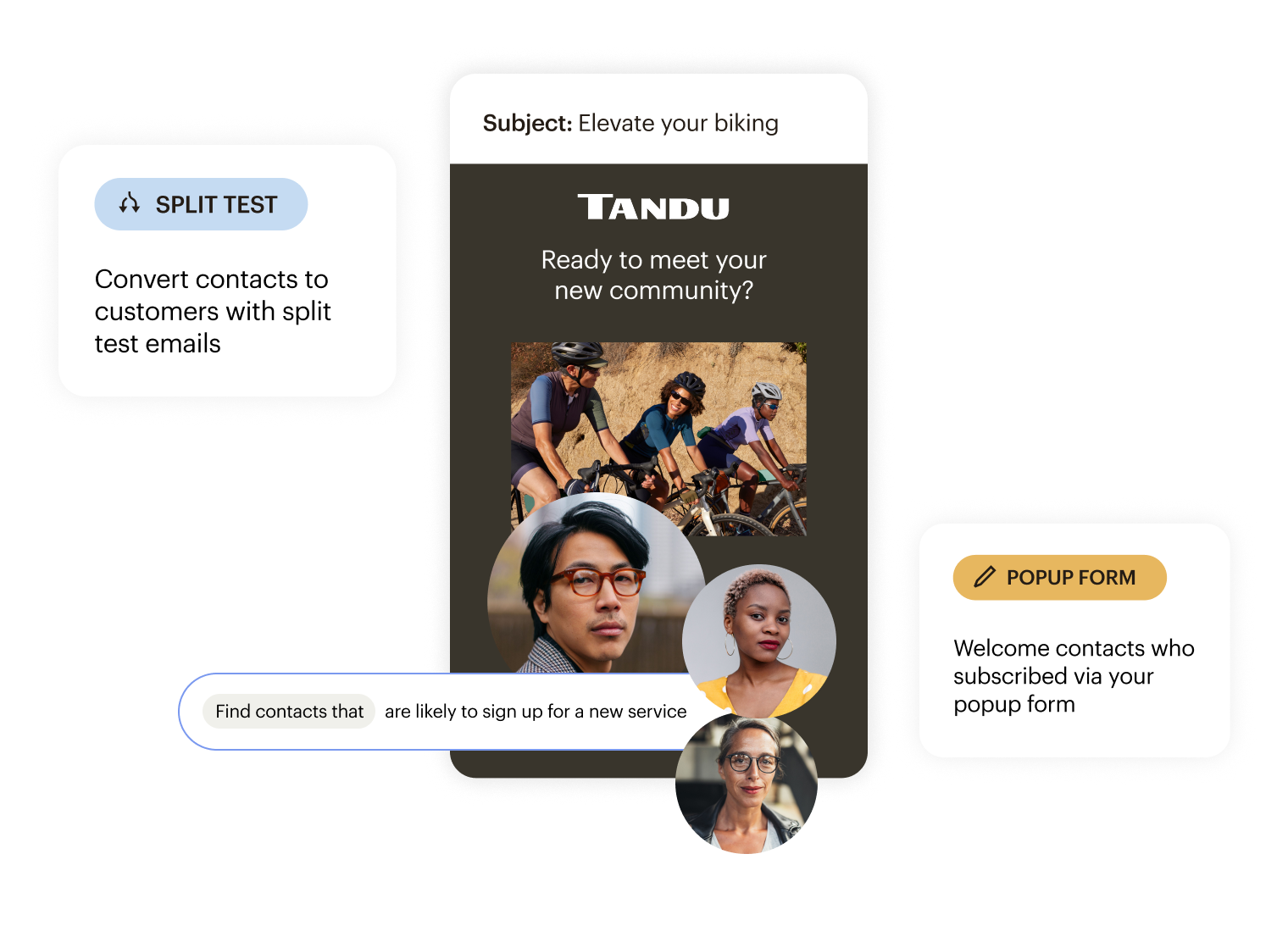 Example UI of emails for a biking brand demonstrating split test, popup forms, and find contacts features.