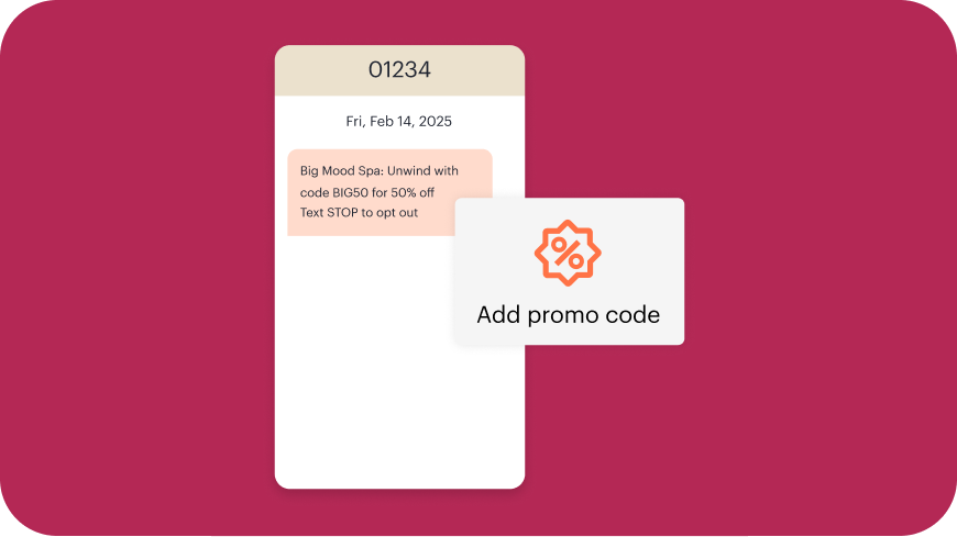 Example SMS in a customer’s inbox from a fictitious brand called Big Mood Spa, offering the recipient a 50% off promo code.