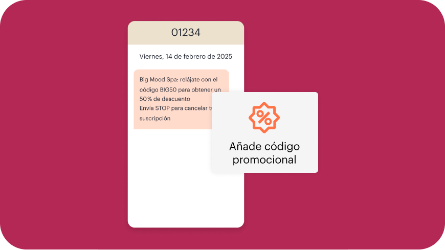 Ejemplo de SMS en la bandeja de entrada de un cliente de una marca ficticia llamada Big Mood Spa, que ofrece al destinatario un código promocional del 50 % de descuento.