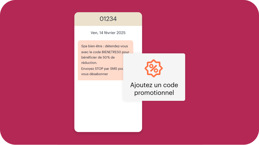 Exemple de SMS dans la boîte de réception d'un client, d'une marque fictive appelée Big Mood Spa, offrant au destinataire un code promo de 50 %.
